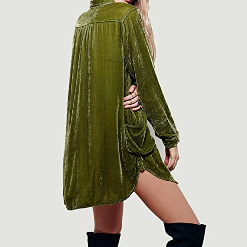 R.Vivimos Womens Velvet Long Sleeve Pocket Casual Mini Shirt Dress Large Army Green - Thumbnail 2