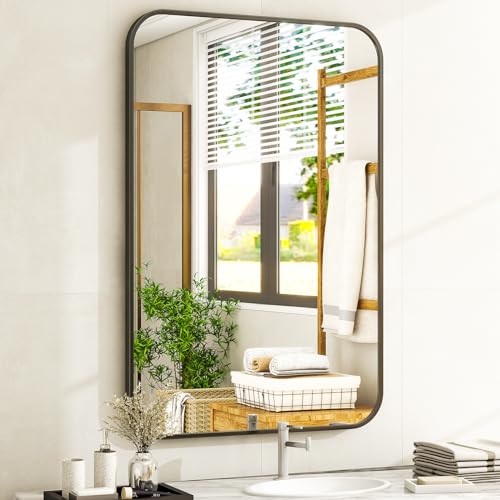 Easly 20 x 28 Inch Bathroom Mirror, Rounded Rectangular Vanity Mirror for Wall, Modern Mirror for Room Decor, Black Framed Wall-Mounted Mirrors for Home Decor, Hangs Horizontally or Vertically by Easly - Used condition - US$30.36