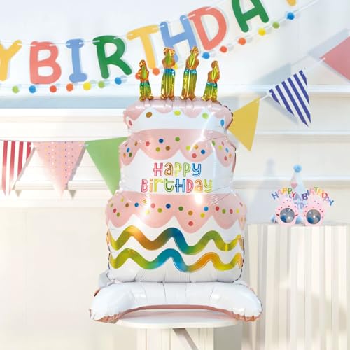 Image of 2pcs Happy Birthday Cake Foil Balloons, Self-Standing 35 inch Pink Large Mylar Birthday Balloons for Girls Boys Kids Baby Shower Party Decorations