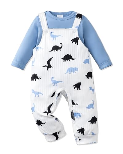 NZRVAWS Newborn Boy Outfits Baby Clothes Infant blue dinosaur Romper Cute Denim Jeans Jumpsuit Overalls Set 3-6 Months