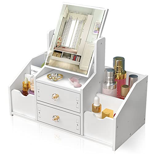 LEcylankEr Organizer Trucchi con Cassetti, Porta Trucchi Organizer da Bagno Bianco, Portatrucchi Organizzatore Trucchi con Specchiera per Toletta/Camera da Letto/Bagno (Specchio quadrato)
