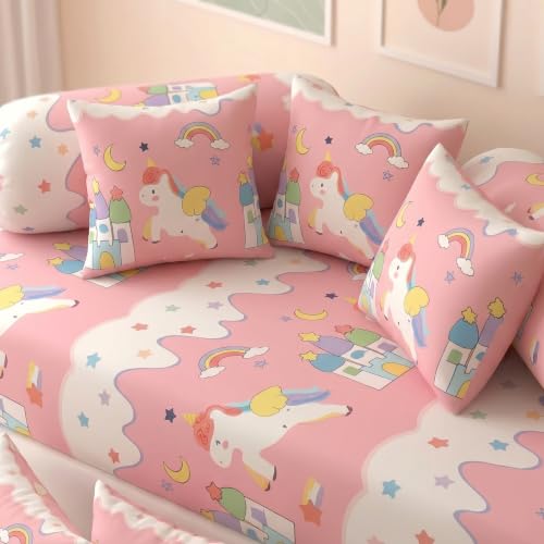 Image of Filymore Pink Star Unicorn Kids Fitted Diwan Set 8 Pieces - Microfiber Diwan Bedsheet Set with 5 Cushion Covers & 2 Bolster Covers | Soft Unicorn Print Diwan Cover Set for Girls Room