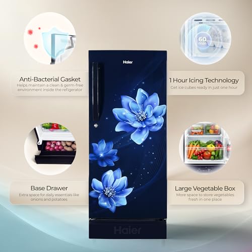 Image of Haier 190L 5 Star Direct Cool Single Door Refrigerator | Inverter Compressor | Fast Ice Making in Just 60 minutes | Large Veg Box| Easy Clean Back (2026, HED-205MFBA-P, Marine Peony, Base Stand)