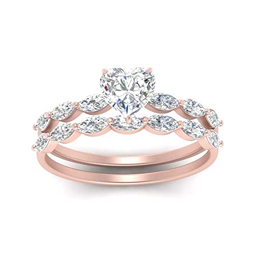 Image of 55Carat Choose Your Gemstone Single Prong Marquise Diamond CZ Ring and Band Rose Gold Plated Heart Shape Wedding Ring Sets Matching Jewelry Wedding Jewelry Easy to Wear Gifts US Size 4 to 12
