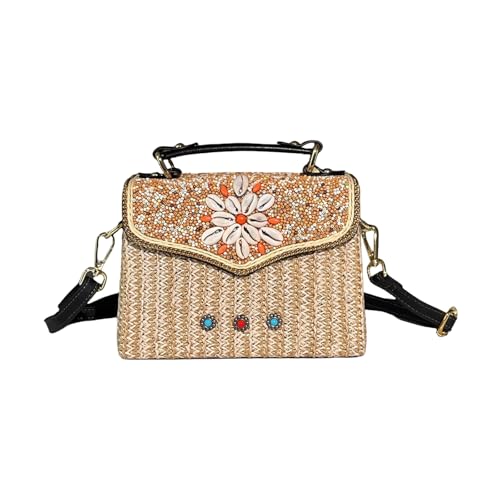 Beaded Purses Boho Straw Purse Alt Crossbody Bag Colorful Embroidered Beads Trendy Boho Straw Beaded Purse for Beach Travel