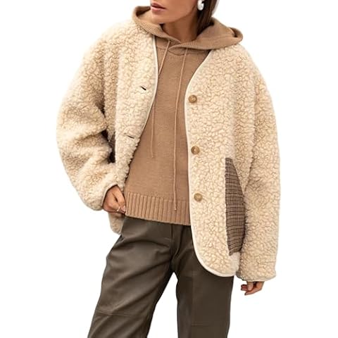 Bankeng Womens Fleece Jacket Long Sleeve Button Lightweight Teddy Jacket Fuzzy Sherpa Cropped Coats Outerwear(Beige,S) Cover