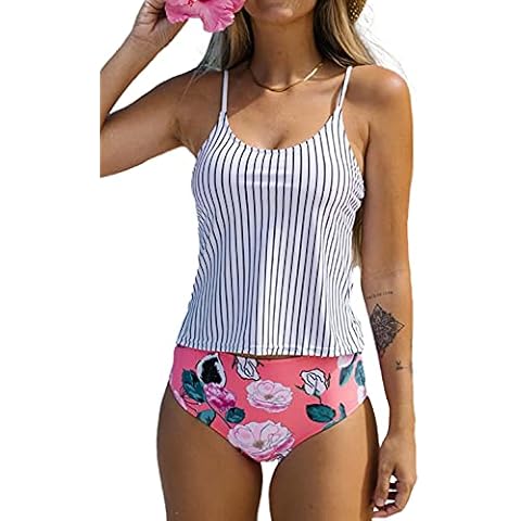 Beachsissi Women Two Piece Swimsiuts Cute Girl Flower Stripe Printed Beachwear High Waisted Tankini Sets, Floral, M Cover