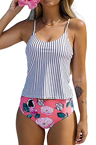 Beachsissi Damen Zweiteiler Swimsiuts Nettes Mädchen Blumenstreifen Gedruckt Bademode Hoch taillierte Tankini-Sets, Floral, XL Cover
