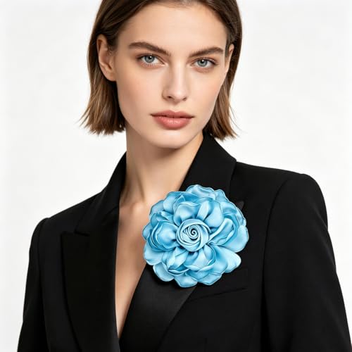 Image of Extra Large Satin Fabric Flower Brooch for Women Elegant Rose Camellia Floral Brooch Pin Handmade Big Satin Fabric Flower Statement Brooch Pin Vintage Clothing Hat Bag Accessories Christmas Wedding Bridal Birthday Jewelry