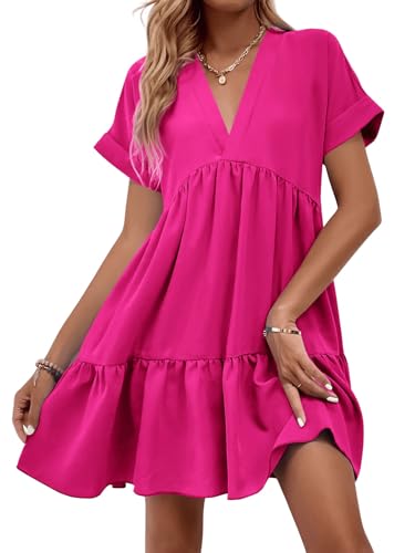 Image of WDIRARA Women's Roll Up Short Sleeve V Neck Ruffle Hem Solid Swing Smock Dress