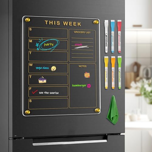 4 THOUGHT Acrylic Fridge Calendar Dry Erase Board, 30 x 40 cm Gold Magnetic Clear Whiteboard Weekly Planning Board for Refrigerator with 6 Markers 1 Rag for Menu Home Kitchen, Vertical Printing