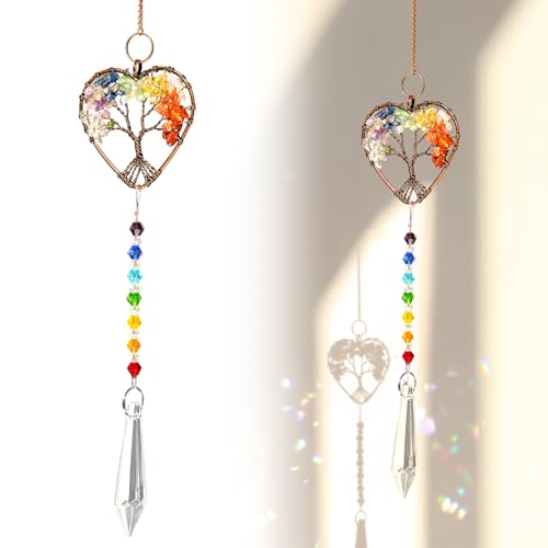 Crystal Sun Catchers for Windows Tree of Life Tandem Natural Quartz Gemstone Pendant Rainbow Maker Suncatcher Natural Chakra Healing Crystal Stone Spiritual Gifts for Women Garden Decoration
