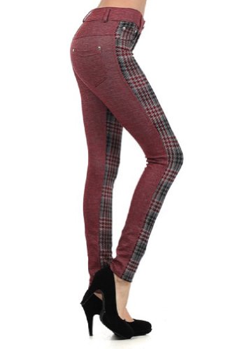 Fashion MIC 2 Tone with Houndstooth Plaid Fashion Pants (Large, Wine red)
