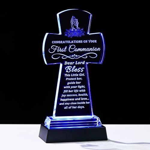 Image of Qianwei First Communion Gifts for Girls Boys, Crystal Cross Gift 3D Engraving Crystal Praying Girl Figurine First 1st Communion Veil Decoration, Baptism Gifts for Girls Catholic