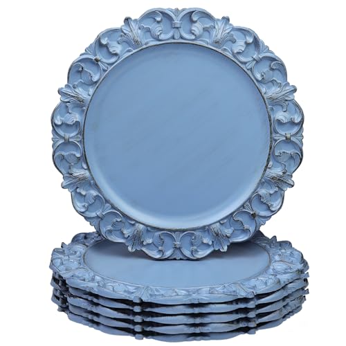 Leemxiiny 13 Antique Blue Charger Plates Set of 6 Plastic Textured Chargers for Dinner Plates with Embossed Rim Table Dcor Party Wedding Holiday