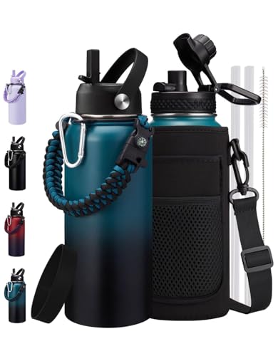 Image of 32oz 40oz 64oz Water Bottle - with Straw & Auto Spout Lids, Carrier Bag & Paracord Handle, Stainless Steel Water Bottles 32 OZ Thermal Flask for Sport Work Travel, Cold-48Hrs Hot-24Hrs