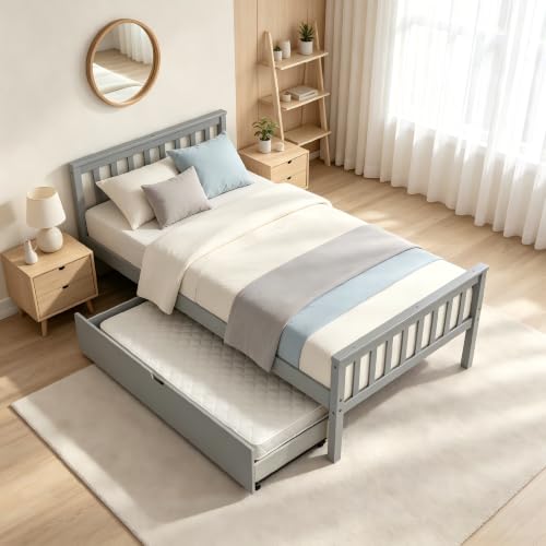 PVWIIK Twin Daybed with Trundle for Kids Bedroom,Wood Platform Bed Frame with Headboard and Footboard for Small Living Space,No Box Spring Needed,Grey