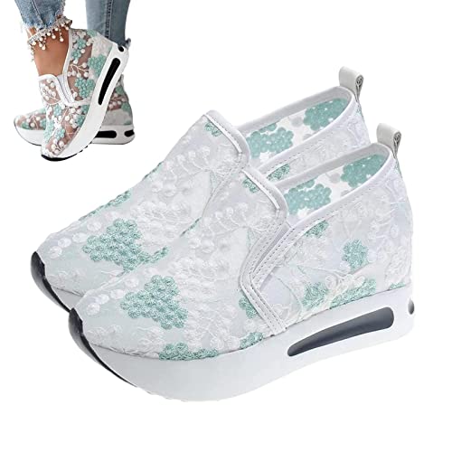 PUCHEN Sneakers for Women - Wedge Fashion Sneakers - Breathable Casual Slip On Walking Athletic Tennis Lace Shoes for Women Green