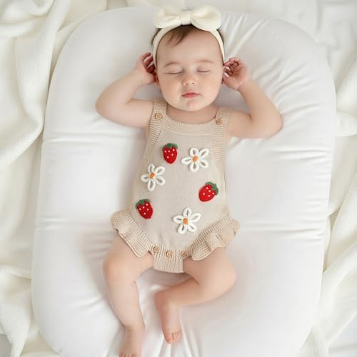 Newborn Infant Baby Girl Clothes Strawberry Embroidery Sleeveless Knit Ruffle Romper Sweater Overalls Bodysuit3