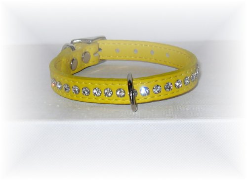 Image of Signature Leather Crystal Dog Collar, Yellow Solid Grain Leather, Fits 6 inch-8 inch Neck Size, 10 inch Overall Length