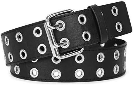 WERFORU Double Grommet Belt PU Leather Punk Belt for Women Men Jeans 2 Hole Belts 1.5 Wide