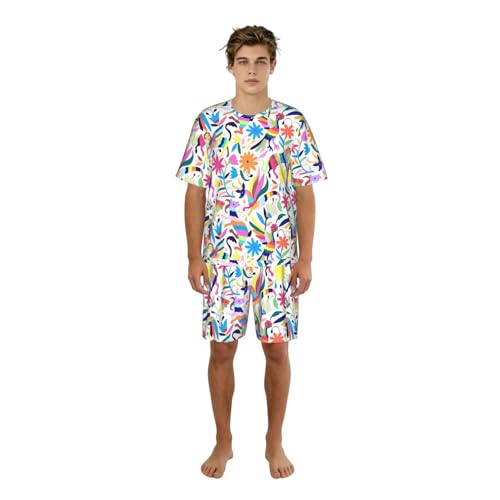 Pijama de dos piezas para hombre conjunto de ropa de dormir suave con estampado mexicano y bolsillos