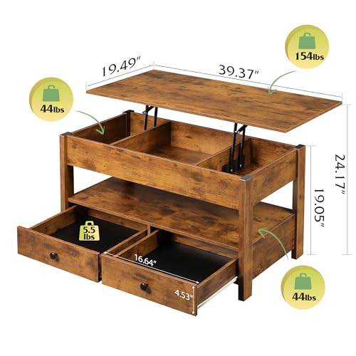 Image of WLIVE Lift Top Coffee Table with 2 Drawers, Large Storage, Brown | Mid Century Modern Wooden Coffee Table, for Dining /Living Rooms /Offices; 39.4 inchW x 19.5 inchD x 19.1 inchH