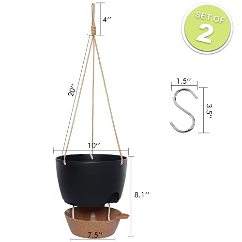 Swinduck 10 Inch Self Watering Hanging Pots, 2 Pack Hanging Planters With 40Oz Deep Reservior For Indoor Outdoor Plants Flowers, Black With Brown #TOP1