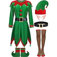 6 Pack Christmas Elf Costume for Women - Adult Holiday Outfit Set with Hat, Belt, Stockings, Shoes & Vivid Elf Ears