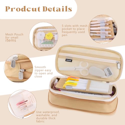 Image of iSuperb Large Capacity Zipper Pencil Case Pen Pouch Bag Office Student Canvas Stationery Bag Case (Khaki)