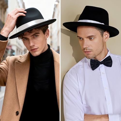 Image of BABEYOND 1920s Fedora Hat for Men Gatsby Wide Brim Fedora Hat Felt Panama Cap with Band for Women Men