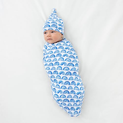 Image of Little Sleepies Swaddle & Hat Set, Baby Swaddles Newborns, Soft Viscose from Bamboo Swaddle Blanket Wrap (Blue Rainbows)