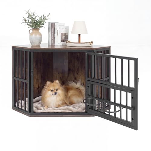 Giantex Corner Dog Crate Furniture with Adjustable & Reversible Elevated Feeder Wooden Dog Kennel with Double Doors Indoor Dog Cage End Table TV Stand for Small Dogs Puppies (Rustic Brown)
