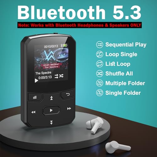Image of RUIZU 64GB Clip MP3 Player with Bluetooth 5.3, Portable Music Player with Voice Recorder for Sport Running, FM Radio, Pedometer, A-B Repeat, Audio Video, Shuffle Playback, Support 128GB TF Card, Black