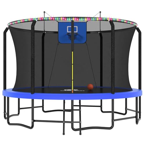 Image of ACWARM HOME Trampoline Outdoor 8FT 10FT 12FT 14FT 15FT 16FT Trampoline with Basketball Hoop and LED Lights, Recreational Trampolines for Kids and Adults with Enclosure Net & Ladder, ASTM Approved
