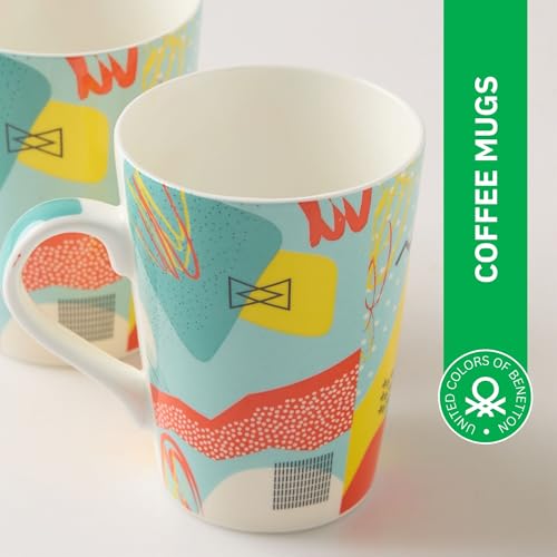 Image of United Colors of Benetton Bone China Coffee Mug Set of 2 - 320ml Each, Printed Tea Cups for Coffee, Milk & Hot Beverages - Microwave & Dishwasher Safe, Ideal Gift Set for Home & Office