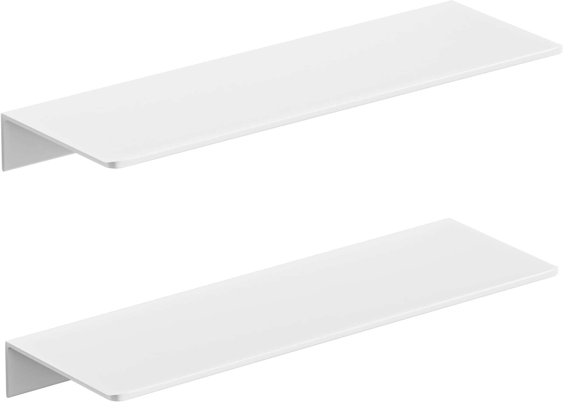 HNVNER Glossy White Metal Floating Wall Shelves set of 2, No Drilling, Aluminum Adhesive Shelf, Dispaly Wall Ledge for Home Decor & Storage, Idear for Living Room, Bedroom, Bathroom