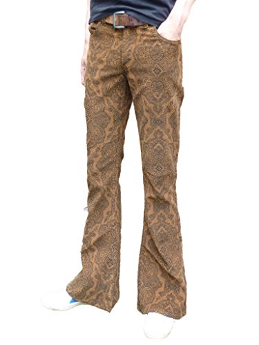 Mens Bell Bottoms Paisley Brown Flares Pants Corduroy 60s 70s Indie Mod Hippie (34