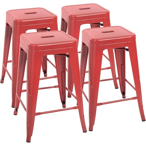 Image of Devoko Metal Bar Stools 24 inch Indoor Outdoor Stackable Barstools Modern Style Industrial Vintage Counter Bar Stools Set of 4 (24 inch, Red)