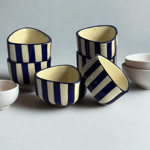 Image of Handcrafted Blue Striped Ceramic Dip Bowls Set of 6 | Elegant Snack & Sauce Bowls | Microwave Safe, 50 ml Each