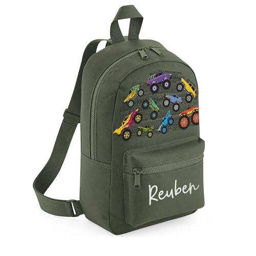 A1 Graphics Ltd Personalised Monster Trucks Kids Backpack Custom with Name Choice of Colours Motocross School Bag with Adjustable Straps For Children & Toddlers (Olive Green)