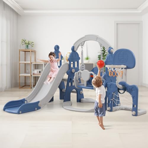 ArtSwithly 6 in 1 Toddler Slide and Swing Set, Kids Swing Outdoor for Toddler Age 1-3, Plastic Toddler Playset with Basketball Hoop