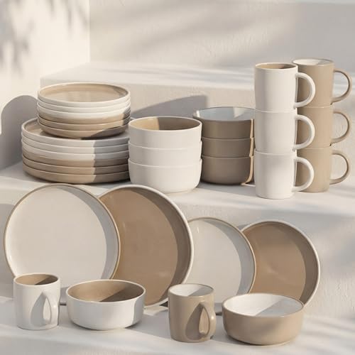 Hausfelder Geschirrset 8 Personen 32teilig Steingut – Tafelservice Set mit Teller, Schalen & Becher – spülmaschinenfest Geschirr modern (32-teiliges Set)