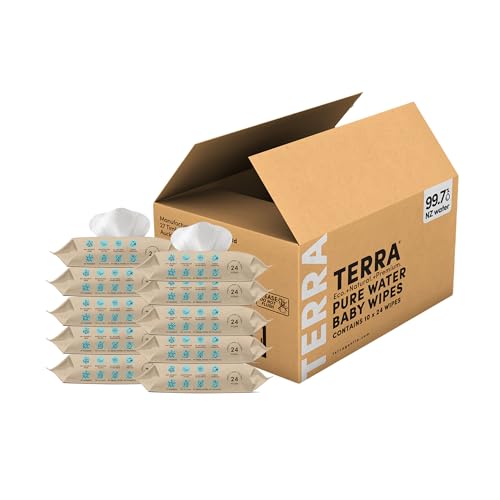 Image of Terra Bamboo Baby Wipes: Pure Water Wipes, 99.7% Pure New Zealand Water, 100% Biodegradable Bamboo Fiber, 0% Plastic, Unscented Baby Wipes for Sensitive Skin, 10 TRAVEL PACKS of 24 Wipes