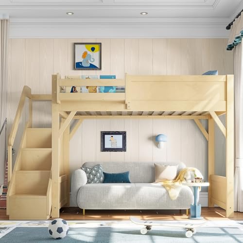 Image of KEIKI Solid Wood Twin Size Loft Bed Frame with Stairs, Built-in Wardrobe and Storage Space, Twin Loft Bed with Shelves, Full-Length Guardrails, No Box Spring Needed for Bedroom, Natural