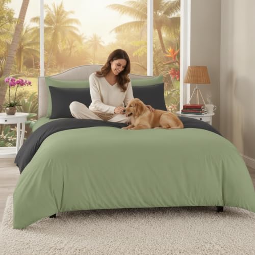 Image of Duvet Cover Double Size Bed (90x95 Inch) 1 Duvet Cover + 4 Pillow Covers with Zipper 600 TC Cotton Reversible Luxurious Quilt, Comforter, Rajai, Blanket Cover (Sage /Dark Grey)