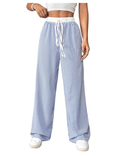 WDIRARA Women's Loose Casual Elastic Drawstring Waist Trousers Striped Wide Leg Pants