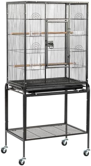 53" Large Flight Bird Cage with Rolling Stand & Storage Shelf for Parrots Lovebird Cockatiel Parakeets, Black