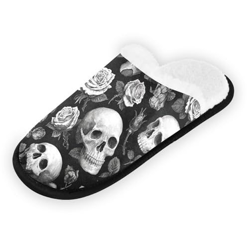 Retro White Rose Skull Slippers For Women Men Soft Memory Foam Non-Slip Halloween Winter Indoor House Shoes Travel Slipper2