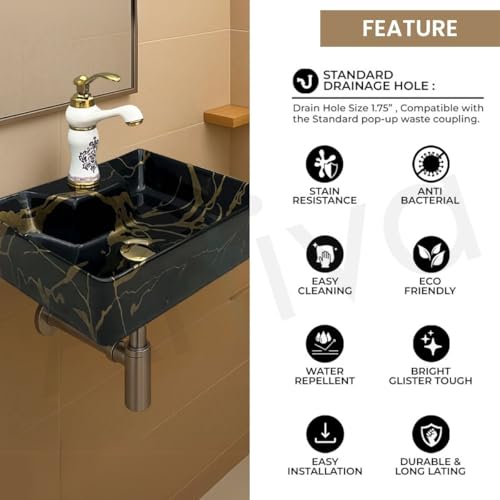 Image of Artiva Designer Ceramic Table Top Wash Basin For Bathroom /Wall Mounted Bathroom Sink /Wall Hung Washbasin /Black Wash Basin For Cabinet, Countertop, Vanity (Porto Black 16 x 12 x 5 Inch)